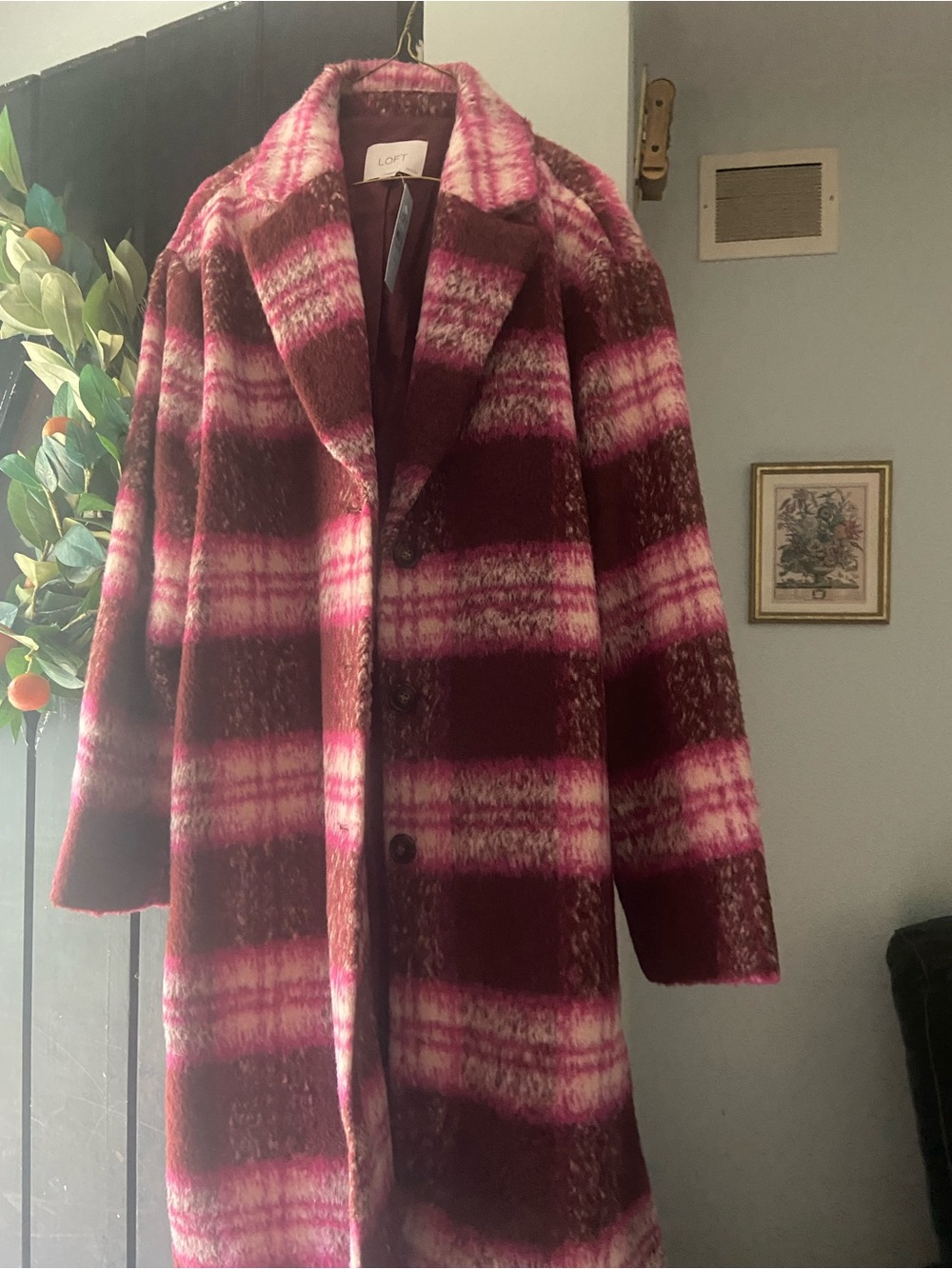 LOFT Burgundy and Pink Plaid Long Coat
